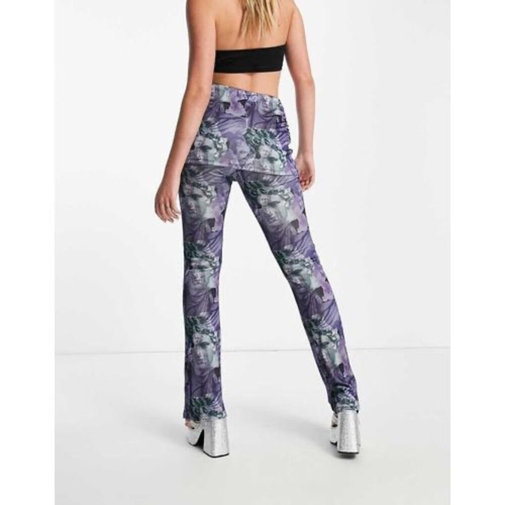 Reclaimed Vintage Pants Sz 6 Renaissance Print Flare Slinky Y2K Art Girl Mesh